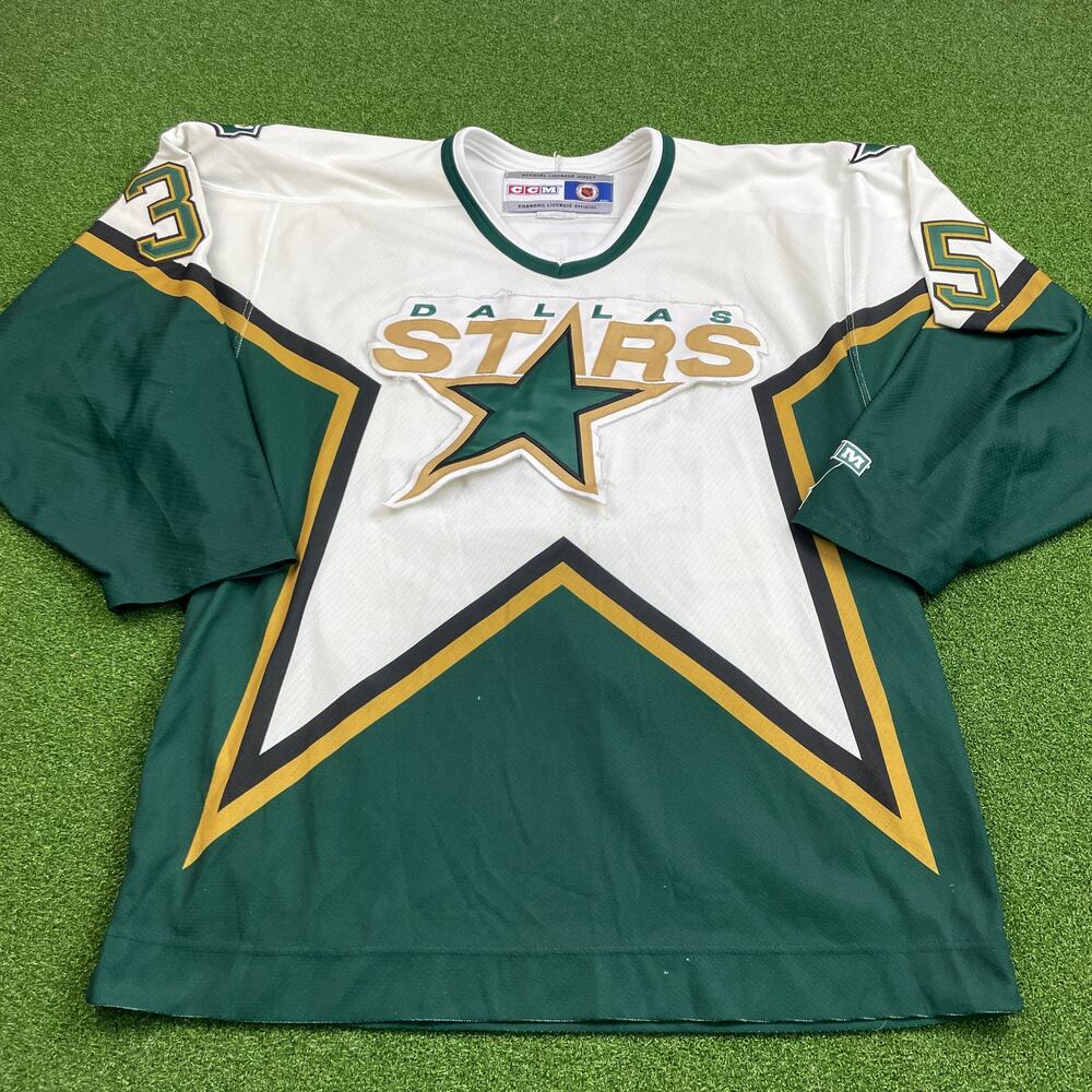 Vintage 1990s CCM White Green Dallas Stars Marty Turco #35 Hockey Jersey Sz L